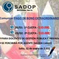SADOP: pago del bono extraordinario de $20.000 en dos cuotas